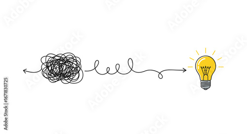 Visualizing the journey from complex problems to creative solutions and bright ideas emerging