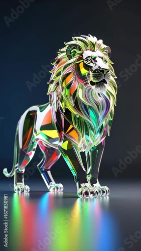A vibrant, iridescent lion sculpture, rendered in translucent, multicolored glass, commands attention against a dark backdrop.