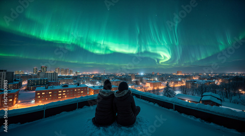 Couple watching northern lights aurora borealis over snowy cityscape at night