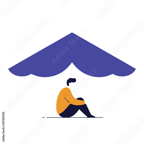 Lonely man sitting under a dark cloud on the floor, feeling sad and depressed about the future, symbolizing mental health issues and emotional distress.