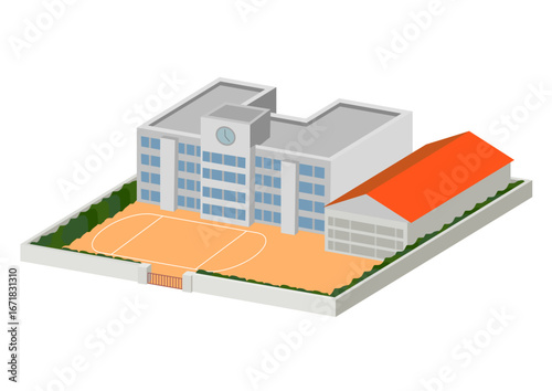 小中学校の校舎と体育館とグラウンド