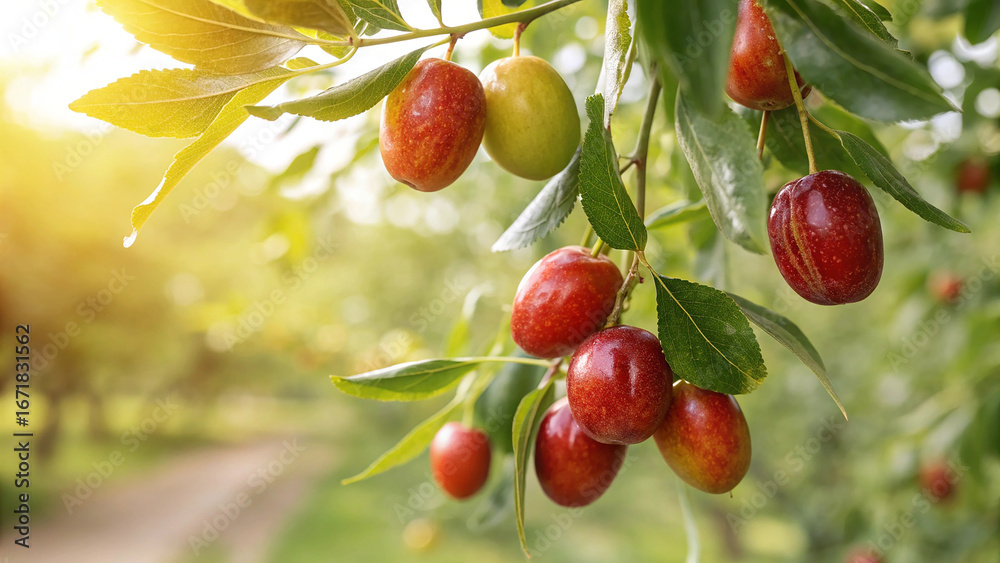 Obraz premium Jujube tree in garden, Jujubes tree in natural warm sunlight background