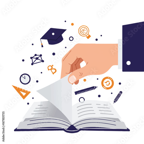 Hand flipping page of open book surrounded by education symbols representing learning and knowledge acquisition in a bright and optimistic style.