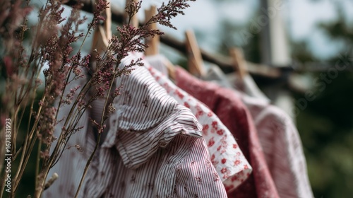 Hanging clothes with flowers outdoors for natural lifestyle photography fashion branding concept