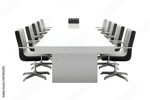  modern, minimalistic conference room with  large table and chairs isolated on white background