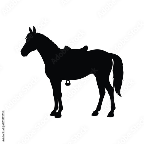 Silhouette of a Horse with Saddle Standing Calmly in Black and White, horse with saddle and gear silhouette vector illustration