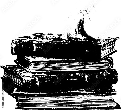 Grunge black and white illustration of witch spell books for halloween design