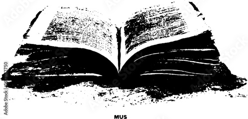 Grunge black and white illustration of open ancient witch spell book for halloween design