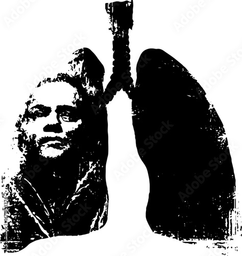 Grunge black and white x-ray style illustration of human lungs with portrait for artistic design