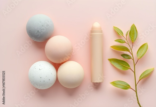 Pastel bath bombs and cosmetic stick arranged with greenery on a pink background.