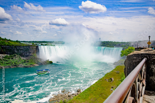 Niagara Falls, Canadian falls, Horseshoe falls close up, white foam and turquoise blue water with Maid of the mist boat