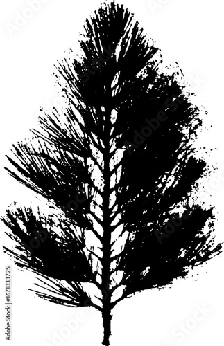 Grunge black and white tree silhouette with ink spatter effect for vintage design