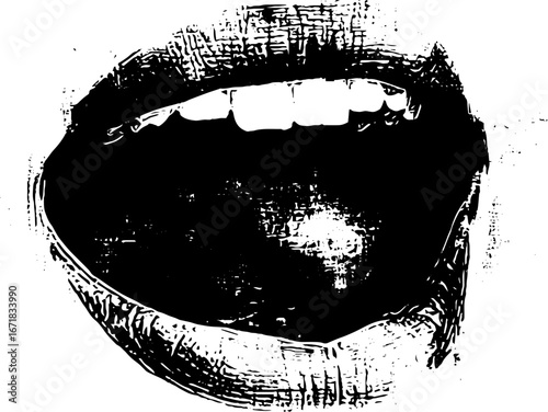Abstract grunge black and white illustration of open mouth with distressed texture for urban art design