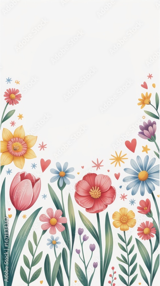Naklejka premium A Vibrant Watercolor Collection of Springtime Flowers and Botanical Elements with Delicate Hearts and Stars Scattered Across a White Background
