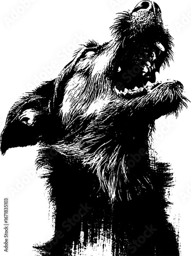 Grunge black and white zombie dog illustration for halloween design or art project