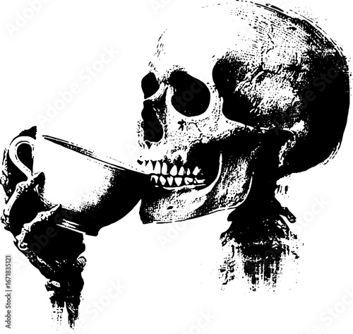 Grunge black and white skeleton drinking from cup – halloween, urban distress art for posters and prints