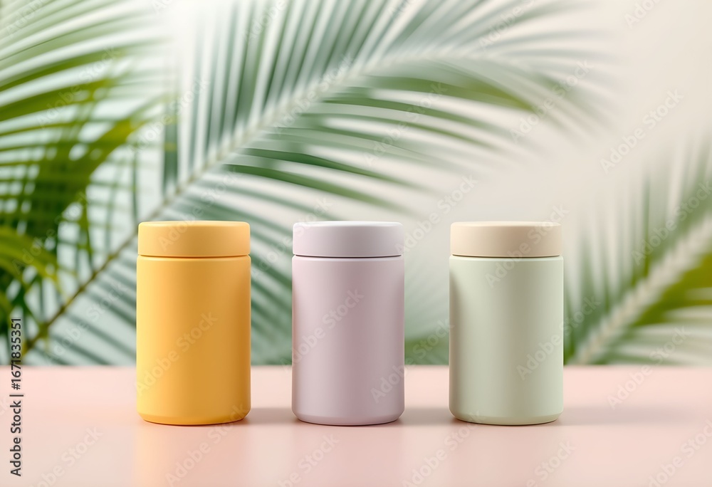 Fototapeta premium Three pastel-colored insulated tumblers or thermoses sit on a pink surface, with tropical palm leaves in the background.