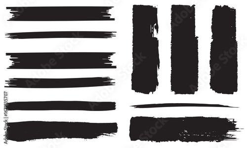 Straight line vector brush strokes. Black hand drawn stripes, smears. Chinese or Japanese calligraphy brushstrokes set. Rough grunge thick paint line. Sketch text boxes collection. Vector Illustration