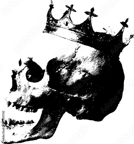 Grunge black and white zombie skull with crown design for posters or apparel