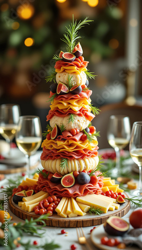 Charcuterie Christmas tree culinary arrangement in warm festive tones representing holiday entertaining, grazing board inspiration and elegant appetizer display for parties, dinners and seasonal
