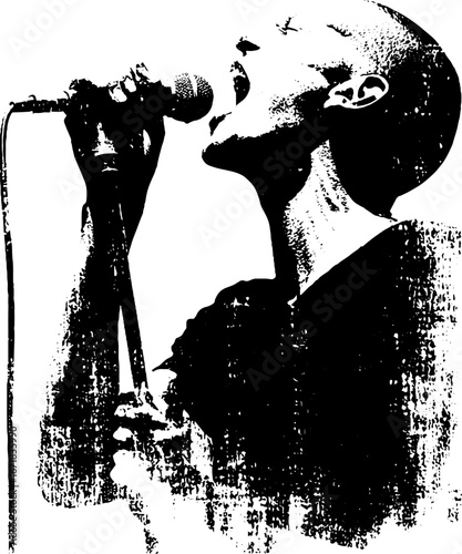 Grunge black and white artwork of zombie inspired musician in expressive pose