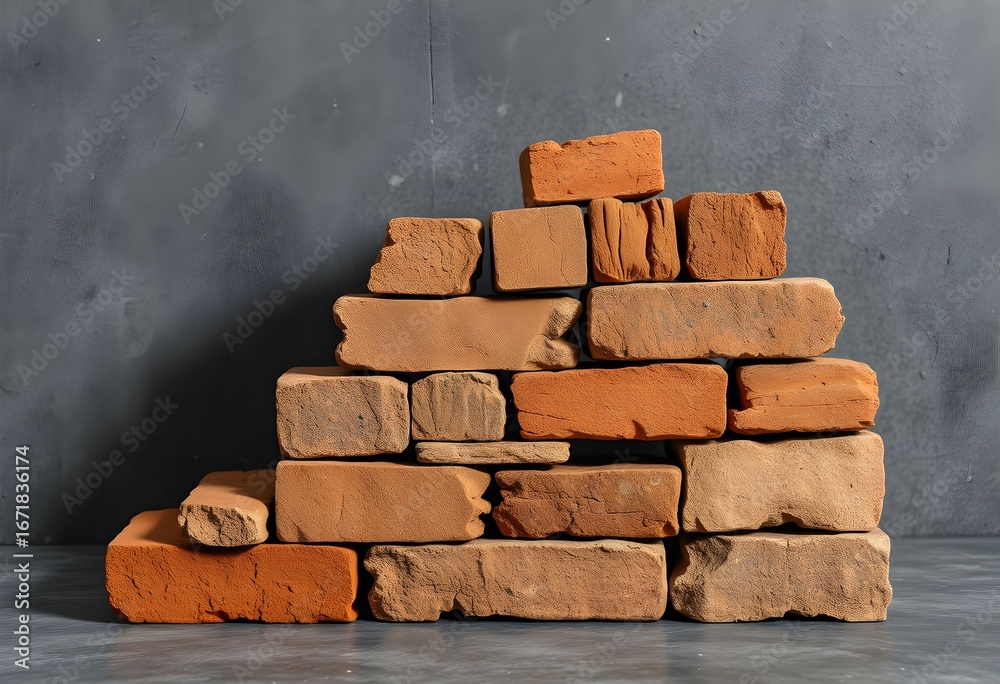 Fototapeta premium Stack of weathered red bricks against a textured gray background, creating a rustic and construction-themed composition.