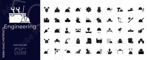 Engineering Solid Icons set. Vector illustration in modern thin solid style of Engineering icons: engineering, manufacturing, construction, etc