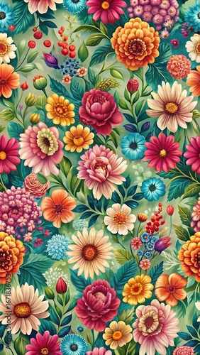 Vibrant floral pattern with a variety of colorful flowers