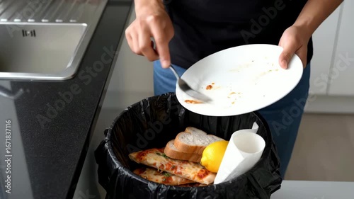 Person scraping leftover food into a trash can in the kitchen, Discarding food waste in the kitchen: plate and trash can filled with scraps