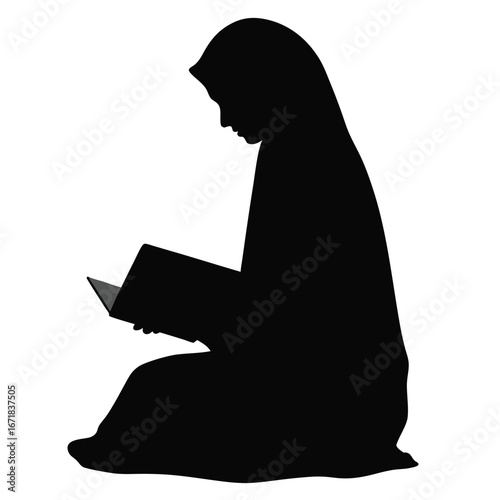 Black silhouette of a woman wearing a hijab reading a book