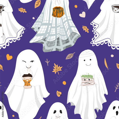 Funny cute sheet ghost holding hot drinks mugs seamless party. Halloween background vector illustration. Fall season aesthetic design.