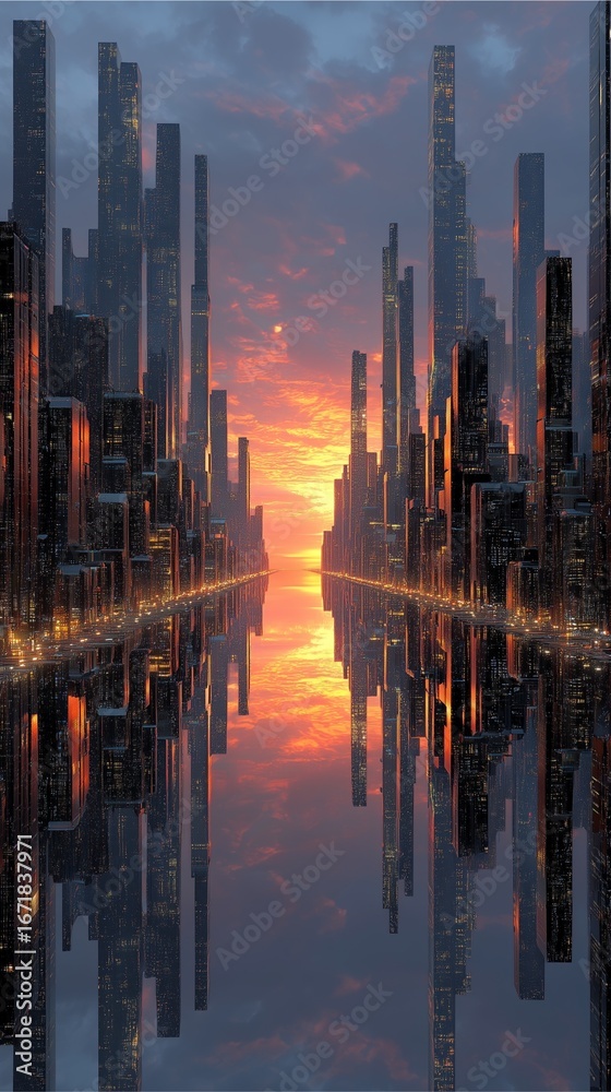 Fototapeta premium Futuristic cityscape sunset skyline, Futuristic cityscape sunset skyline reflection, Futuristic cityscape sunset skyline digital art