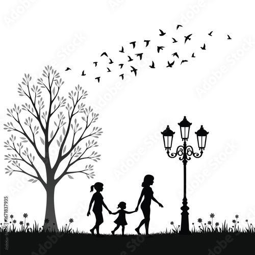 Family walking under tree with birds flying overhead