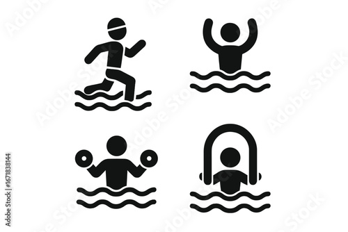 Aquatic fitness icon set. Water aerobics and aqua jogging pictograms. Pool exercise, hydrotherapy, rehabilitation and resistance training symbols with dumbbells and noodles.