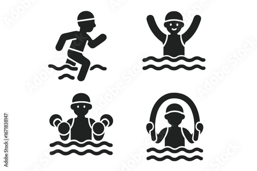 Water aerobics icon set. Aquatic fitness, aqua jogging, hydrotherapy exercises. Man in swimming pool with dumbbells and noodle. Healthy low-impact workout vector symbols.