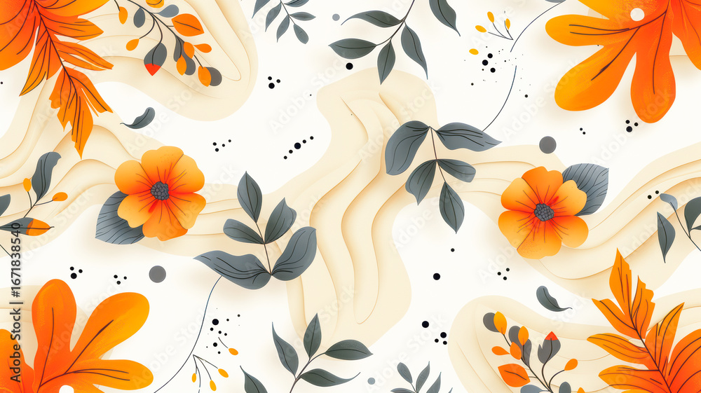Obraz premium Vibrant floral illustration featuring orange flowers and green leaves on a soft background