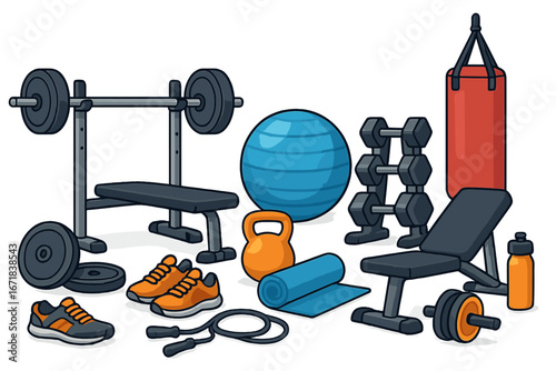 Gym equipment vector set for fitness and bodybuilding. Cartoon illustration of workout tools: dumbbell, barbell, kettlebell, punching bag. Healthy lifestyle concept illustration.