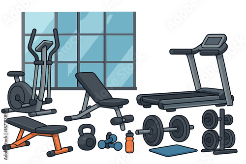 Gym equipment vector collection for fitness and workout. Cartoon illustration set with exercise tools: treadmill, dumbbell, bench, kettlebell. Strength training & cardio concept.