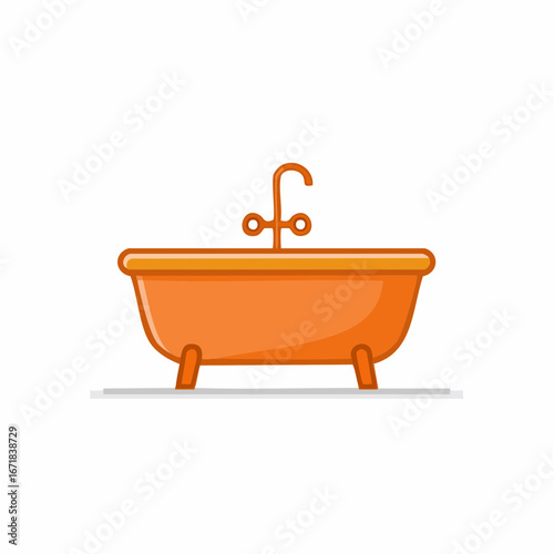 Bright Orange Bathtub with Faucet Element Modern Flat Design Illustration Style
