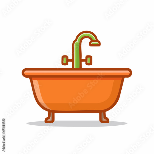 Cartoon illustration of orange bathtub and faucet with green elements