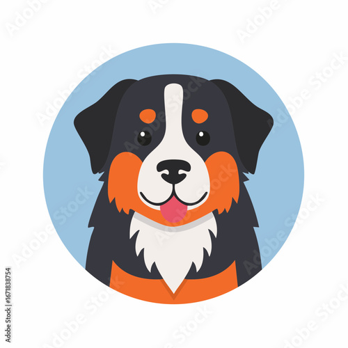 Bernese Mountain Dog Portrait Illustration in Blue Circle Simple Cute Friendly Dog with Tongue Out Cartoon Style Animals Pets