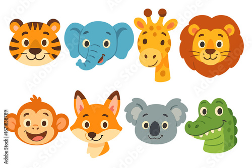 Cute animal heads set. Cartoon tiger, lion, elephant, giraffe, monkey, fox, koala, crocodile face. Funny zoo & jungle characters for kids. Vector flat design icon collection.