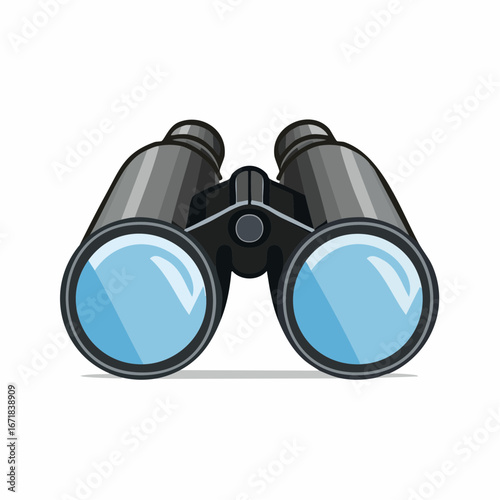 Close up of a pair of modern black binoculars with blue lenses on a white background