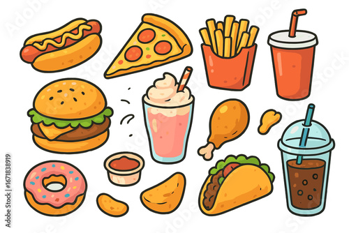 Fast food vector icon collection. Cartoon junk food set. Burger, pizza, hot dog, french fries, soda drink, donut, taco, chicken leg. Doodle menu elements illustration.