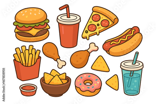 Fast food vector icon set. Cartoon collection of junk food: burger, pizza, hot dog, fries, soda drink, chicken leg, donut. Unhealthy eating, takeaway meal illustration.