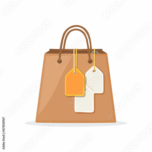 Brown paper shopping bag with hanging blank price tags for retail sales and discounts illustration