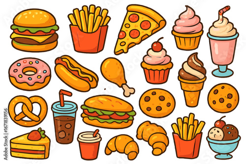 Fast food & dessert vector icon set. Cartoon collection of junk food: burger, pizza, fries, hot dog, donut, soda, ice cream. Cute illustration for menu, sticker, pattern.