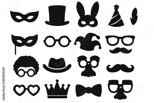Costume party photo booth props silhouette icon set. Fun carnival masquerade accessories collection. Vector masks, hats, glasses, mustaches, crown and bow tie for celebration.