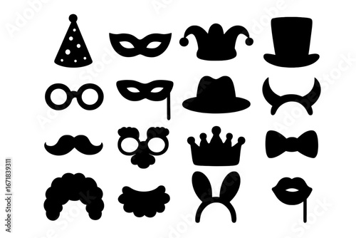 Photo booth props silhouette icon set for party and carnival. Fun costume accessories collection. Vector masquerade masks, hats, funny glasses, mustache, crown, lips on stick.