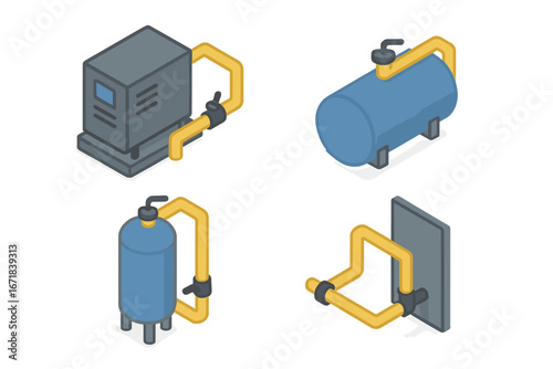 Isometric compressed air utility icon set. Vector flat design with air compressor, receiver tank, and industrial piping. Factory equipment cartoon illustration for schematics.